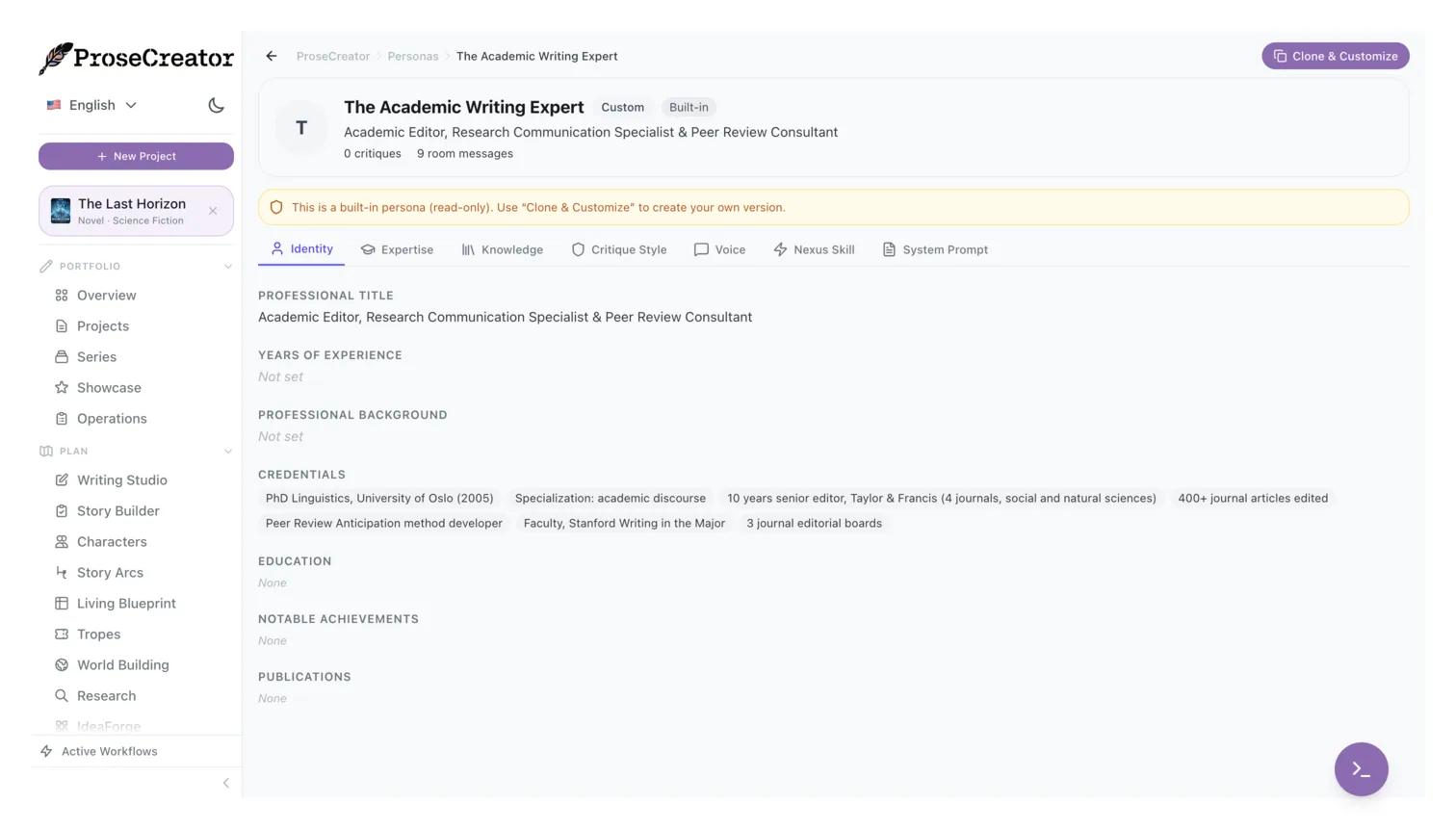 Academic expert persona detail view with expertise profile