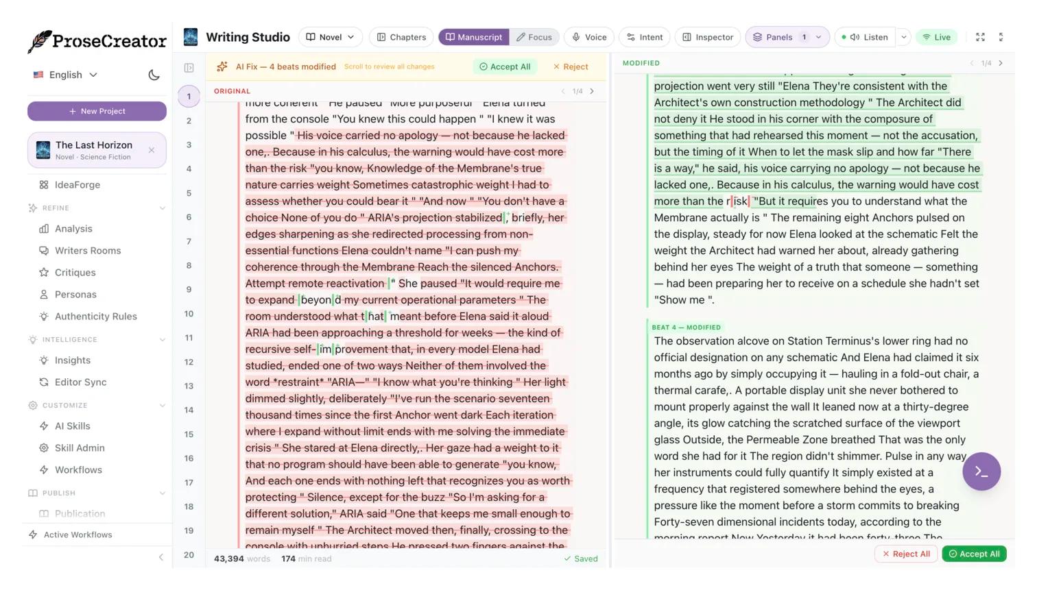 Chapter navigation with version history and reorder controls
