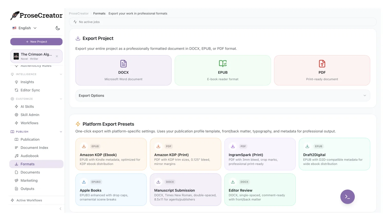 Export formats and platform presets in ProseCreator